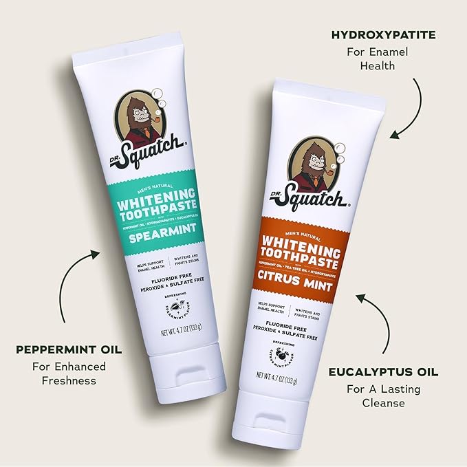 Dr. Squatch Hydroxyapatite Whitening Toothpaste - Natural, Fluoride-Free - Enamel Support - Day & Night Set - Citrus Mint & Spearmint, (4.7 oz, 2-Pack)