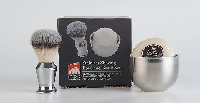 G.B.S Men's Wet Shaving Gift Set, Stainless Handle Shaving Brush, Stainless Shave Soap Bowl and Natural Shaving Soap, 3 Pieces Grooming Kit for Men