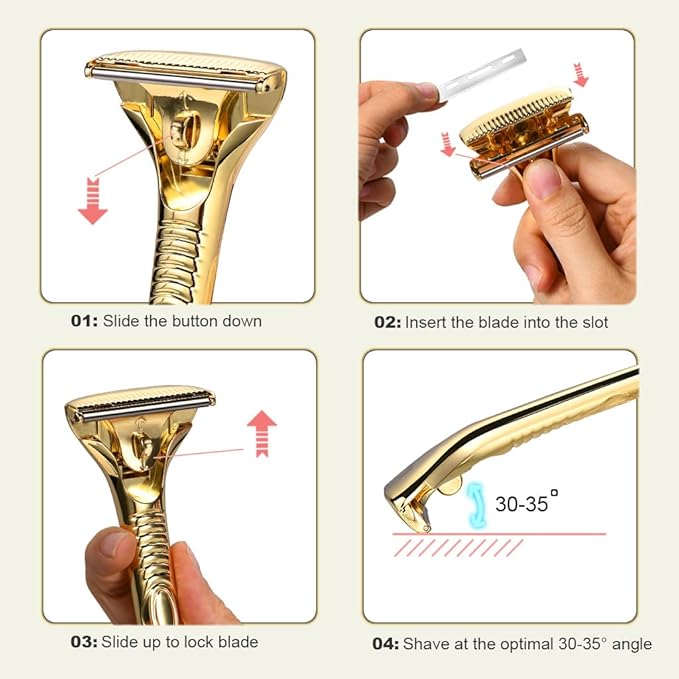 Single Blade Razors for Men and Women, Reusable Modular Safety Razor with Magnetic Head and Metal Non-Slip Grip, 10 Single Edge Razor Blades & Leather Case,Gold Roller