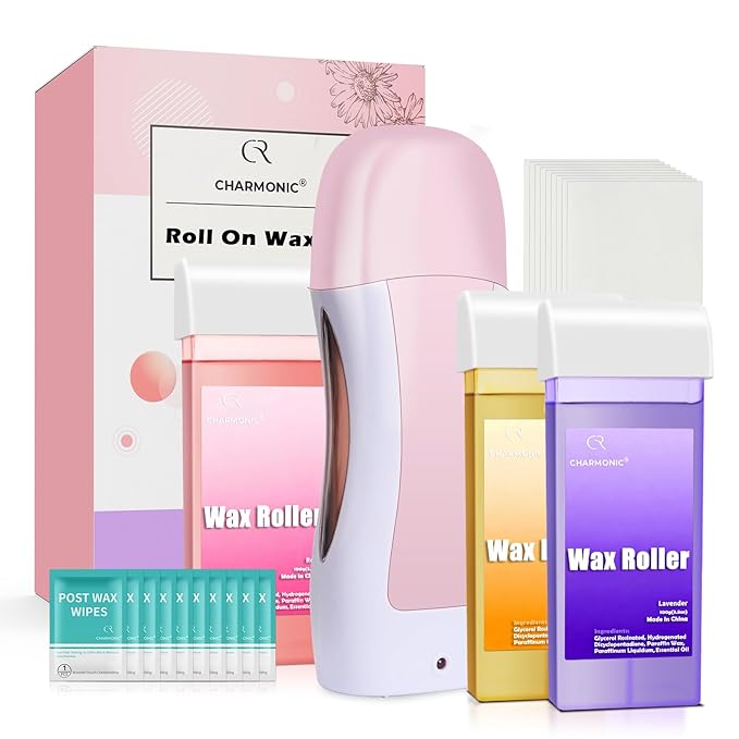 Roll On Wax Kit, Portable Wax Roller Kit for Coarse/Fine Hair Removal, Beginners Waxing Roller for All Skin Types with 3 Pcs 100g Roll Cartridge, 100 Woven Strips & 10 After Oil Wipes (F3_LightPink)