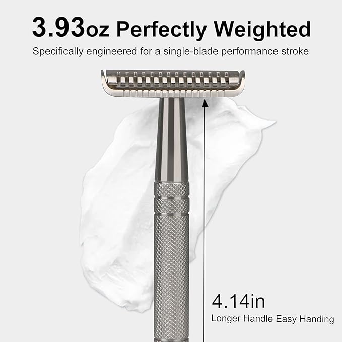Stainless Steel Safety Razor, Single Blade Razors for Men, with 10 Double Edge Blades, Long and Heavy Duty Handle, Smooth Close Gentle Shave, Silver