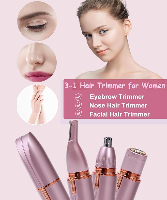 Scienbeauty Nose Ear Hair Trimmer Facial & Eyebrow Hair Remover for Women, 3 in 1 USB Rechargeable Painless Hair Removal Kit with 3 Replaceable Rinseable Grooming Heads