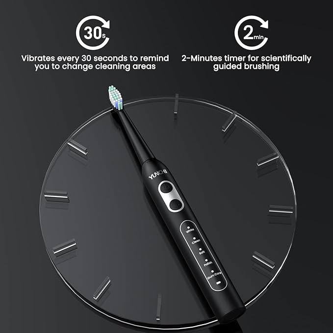 YUNCHI Electric Toothbrush for Adults, Kids Electric Toothbrush,Rechargeable Toothbrushes with 8 Brush Heads, Travel Case, 2 Min Timer, IPX7 Waterproof, 5 Modes, Black