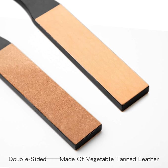 Natural Leather Sharpening Strop w/Green Polishing Compound, Knife Razor Polishing Board Wooden Black Handle Double-Sided Vegetable Tanned Leather, Multifunctional Wood Handle Strop Tool