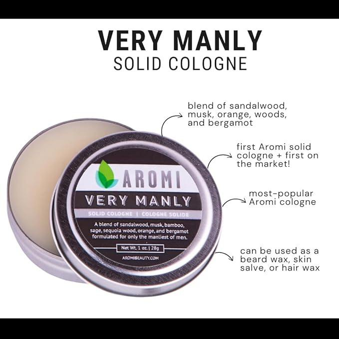 Aromi Solid Cologne for Men | Sandalwood, Musk, Woodsy Fragrance, Travel, Alcohol-Free, Wax-Based Scent, Vegan, Men's Gift, Stocking Stuffer (Very Manly)