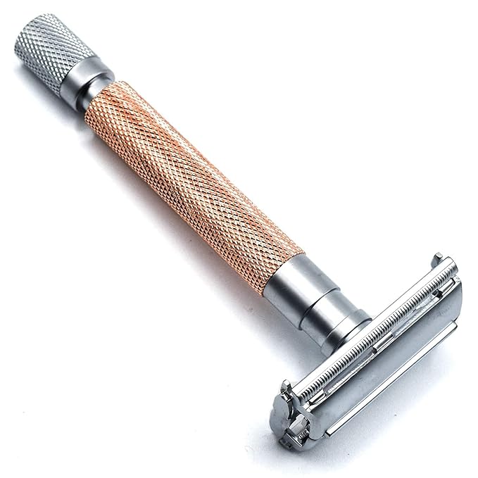 Parker 74R Rose Gold – Long Handle Butterfly Open Safety Razor for Men | Heavyweight Double Edge Razor Includes 5 Premium Platinum Blades