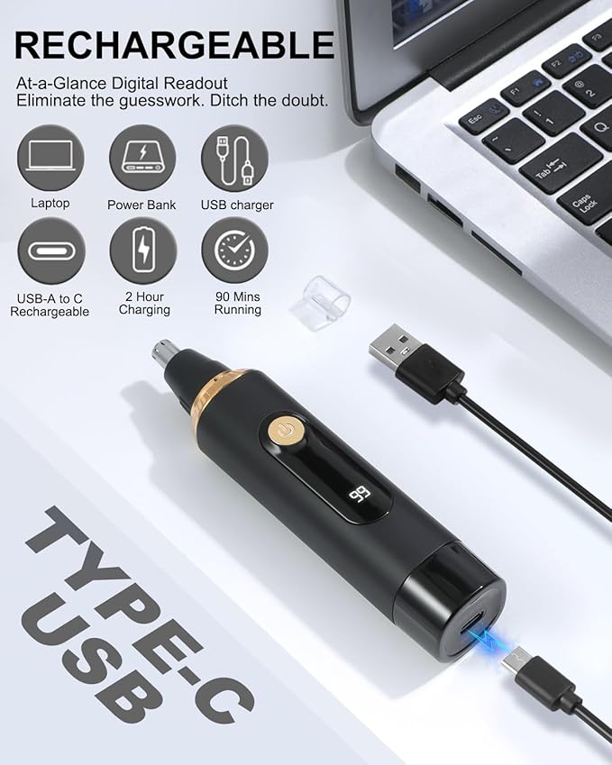 Nose Hair Trimmer for Men and Women,2025 Professional Painless IPX7 Waterproof Eyebrow & Facial Hair Trimmer,USB Rechargeable with LED Display Dual-Edge Blades,Black