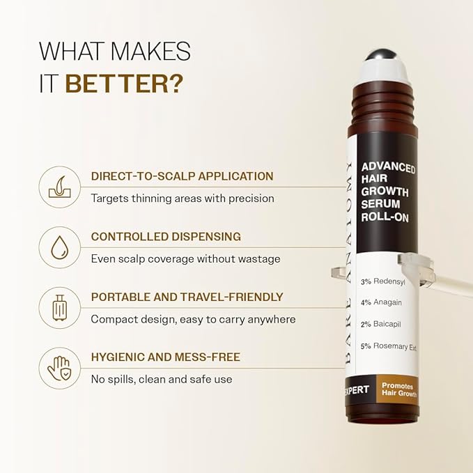 Bare Anatomy Advanced Hair Growth Serum Roll-On| 3% Redensyl + 4% Anagain + 2% Baicapil + 5% Rosemary, Rice Water, Biotin & Saw Palmetto| Reduces Hair Fall, Supports Hair Growth for Men & Women | 25ml