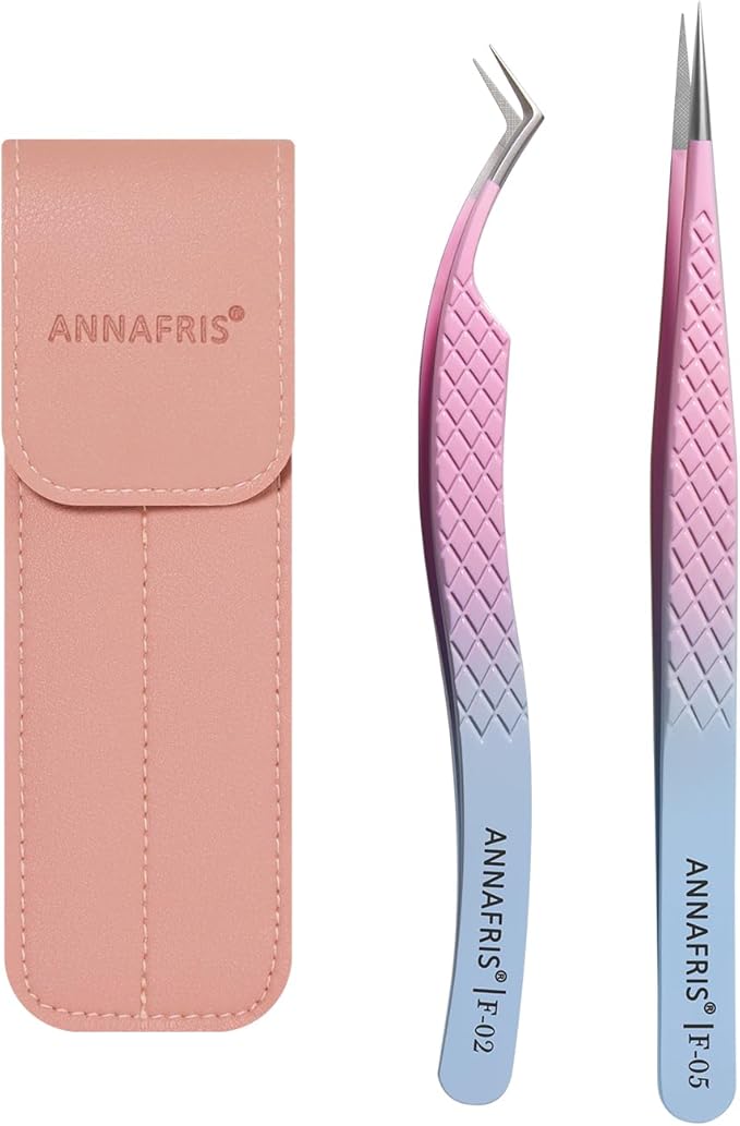 Eyelash Extension Tweezers,Fiber Tip Grip Boot Volume Lash Tweezers,Professional Pointed Lash Extension Tweezers for Easy Lash Application and Removal(2Pcs-F02/05)
