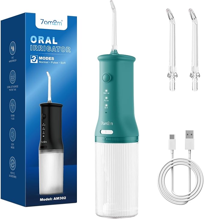 7AM2M Portable Cordless Water Flosser, Oral Irrigator with 3 Modes & 2 Tips (Peacock Green)