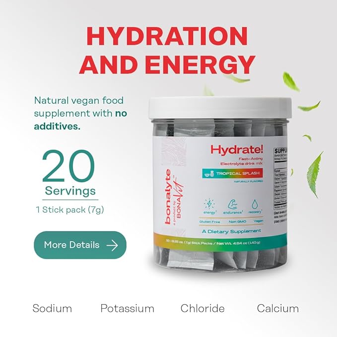 Electrolytes Powder Packets - 20 Stick Packs - Electrolytes Sugar Free - Tropical Flavour - Instant Hydration Packets - Running Essentials - Gluten Free, Non-GMO - BonaLyte