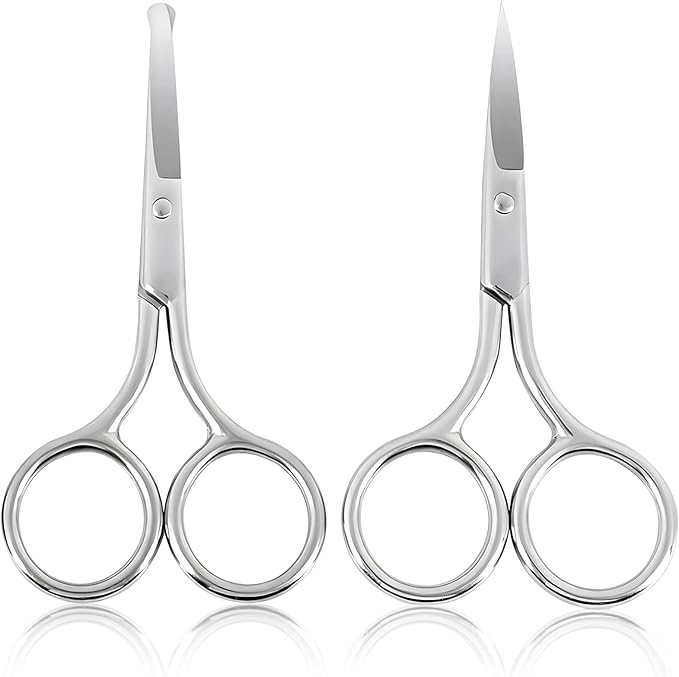 Facial Hair Grooming Scissors for Men & Women: Eyebrow, Nose Hair, Mustache, Beard, Eyelashes, Ear Trimming Kit - Curved & Rounded Safety Tip Clippers - 2PCS Silver.