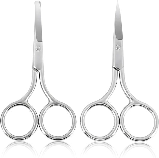Facial Hair Grooming Scissors for Men & Women: Eyebrow, Nose Hair, Mustache, Beard, Eyelashes, Ear Trimming Kit - Curved & Rounded Safety Tip Clippers - 2PCS Silver.