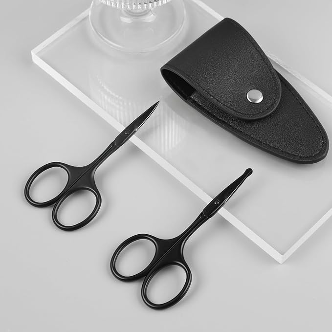 Eyebrow & Rounded Tips Nose Hair Scissors with Carrying Pouch for Men Women,Stainless Steel Small Scissors for Grooming Brow, Beard, Mustache, Eyelashes, Ear Hair,Hair Cutting (Black)