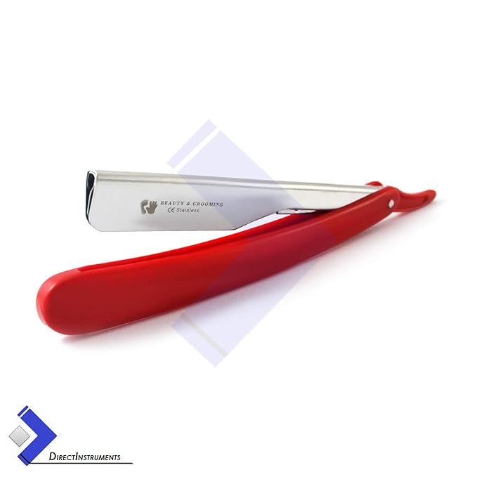 Red Plastic Handle Barber Hair Shaving Razor Straight Edge Folding Knife Men Cut Throat + 10 Blades