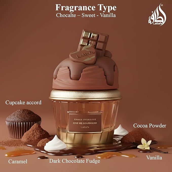 Lattafa Choco Overdose Eau de Parfum, Gourmand Collection, Dark Chocolate Fudge and Caramel Fragrance, 75ml Spray, Sweet and Elegant Give Me Gourmand Collection