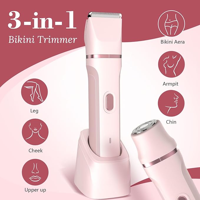 Bikini Trimmer for Women，Electric Body Hair Trimmer, 3 in 1 Wet/Dry Shaver Groomer, Replaceable Ceramic Blade Heads, Electric Razors for Women Legs, Bikini Shaver