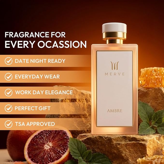 Merve Ambre Perfume For Women 3.4 oz | Premium Long Lasting Fragrance Luxury Scent | Jasmine, Honey, Floral, Fruity, Soft Spicy, Amber, Musk | Eau de Parfum