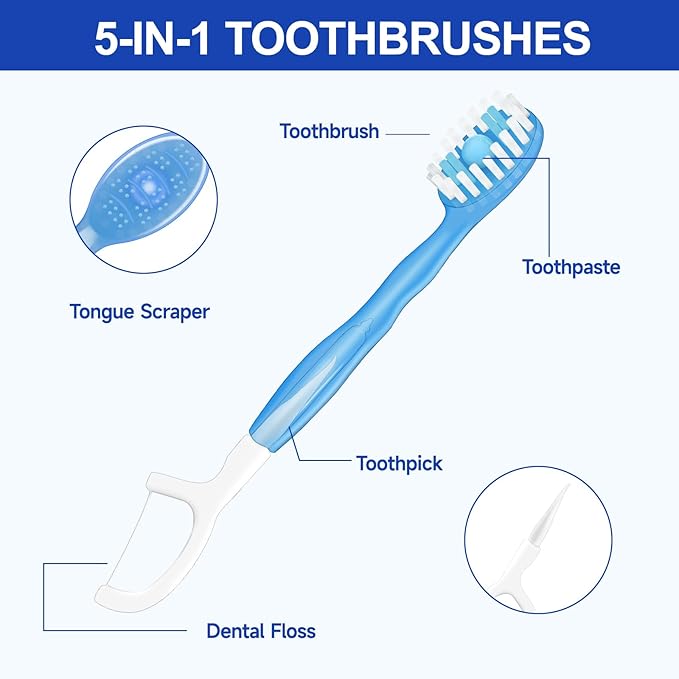 5 in 1 Mini Brushes-Disposable Toothbrushes with Toothpaste + Floss + Pick + Tongue Scraper | Travel Size | Individually Wrapped | Soft | Mint | Travel Set (Mint, 52pcs(2Pack))