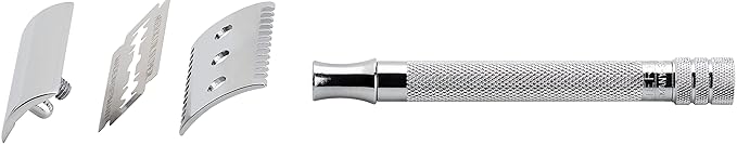 MERKUR 25C Double Edge Safety Razor in Bright Chrome with an Open Comb Design, Long Handle, Made in Germany, Plastic-Free, Three-Piece Design, and Straight Bar