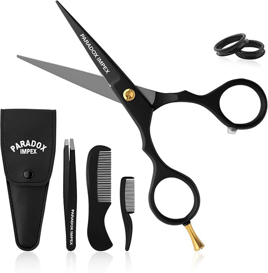 5” Beard and Mustache Scissors, German Stainless Steel Beard Scissors Come with 1 Tweezers, 1 Beard Comb, 1 Mustache Comb and Pouch, Hair Scissors for All Facial Hairs. (Black)