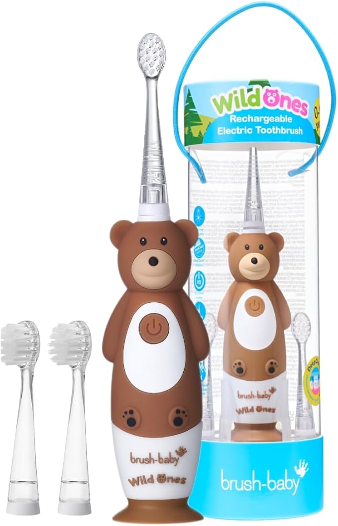 BrushBaby - WildOnes - Kids Rechargeable Electric Toothbrush, Ages 0-10 - Bear Design with Flashing Lights - DeepClean Bristles for Superior Cleaning - 2 Replacement Brush Heads, 1 USB Cable