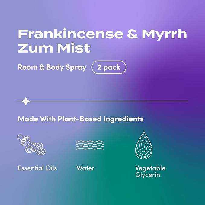 Indigo Wild Zum Mist Room & Body Spray - Aromatherapy Essential Oil Spray - Natural Body Mist & Room Spray - Frankincense & Myrrh Scent - 4 fl oz (2 Pack)