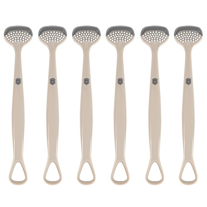 6-Pack Tongue Brush and Scraper for Adults - 3-in-1 Cleaner for Oral Hygiene and Fresh Breath, Sand Beige