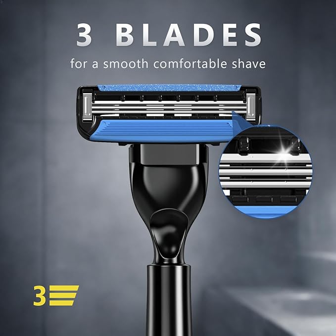 Men's Razor Blade Refills, 4 Count, 3-Layer Ceramic Coated Blades with Lubricating Strip, Matching Handle, Wall Hook & Cleaning Brush Included for Smooth Shaving