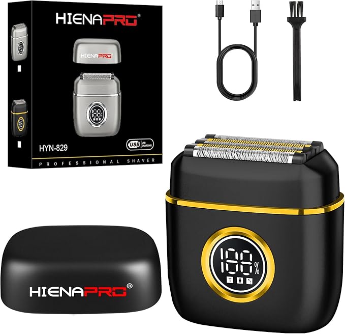 HIENA PRO Men's Electric Foil Shaver - USB-C Rechargeable, IPX7 Waterproof, Pocket-Sized with LED Display for Travel & Home (Black Gold)