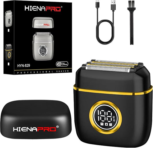 HIENA PRO Men's Electric Foil Shaver - USB-C Rechargeable, IPX7 Waterproof, Pocket-Sized with LED Display for Travel & Home (Black Gold)