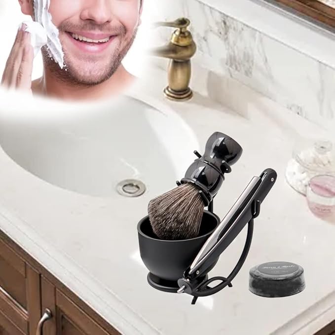 Luxury Men's Shaving Kit Gift Set, DanNuo Barber Straight Razor with Stand Shaving Brush Dual-Layer Leather Razor Strop Bowl Soap 6pcs Shaving Set for Men