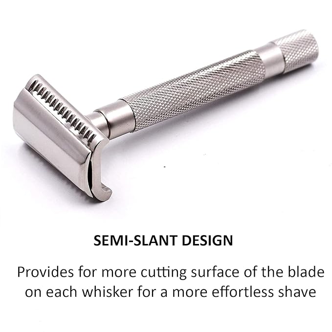 Parker Semi-Slant Safety Razor – Satin Chrome Finish | Smooth, Efficient Double Edge Wet Shaver for Men | Slanted Cutting Action + 5 Platinum Blades Included | Iconic Brand