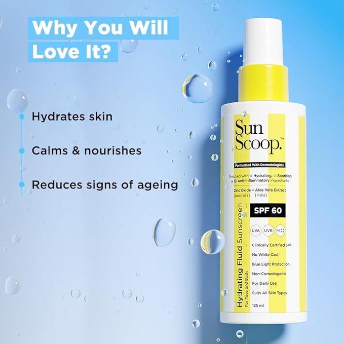 Sun.Scoop Hydrating Face & Body Fluid Sunscreen Spray SPF 60 PA++++ | Water Resistant With Zinc Oxide, Broad Spectrum, No White Cast, Non-Comedogenic Quick Absorbing | For Men & Women-125ml