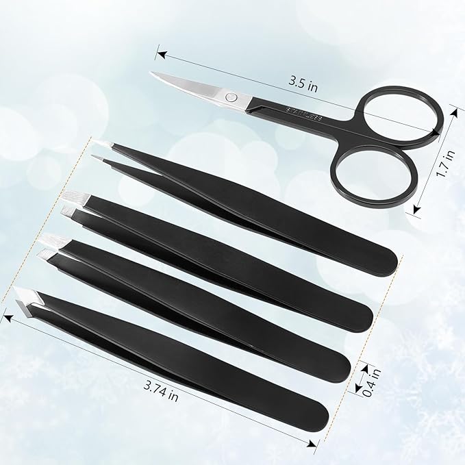 SetSail 5-Piece Premium Set Matte Black Stainless Steel Eyebrow Tweezers Kit with 4 Precision Tips (Slant/Pointed/Flat/Rounded) & Sharp Grooming Scissors for Facial Hair Removal & Splinter Extraction