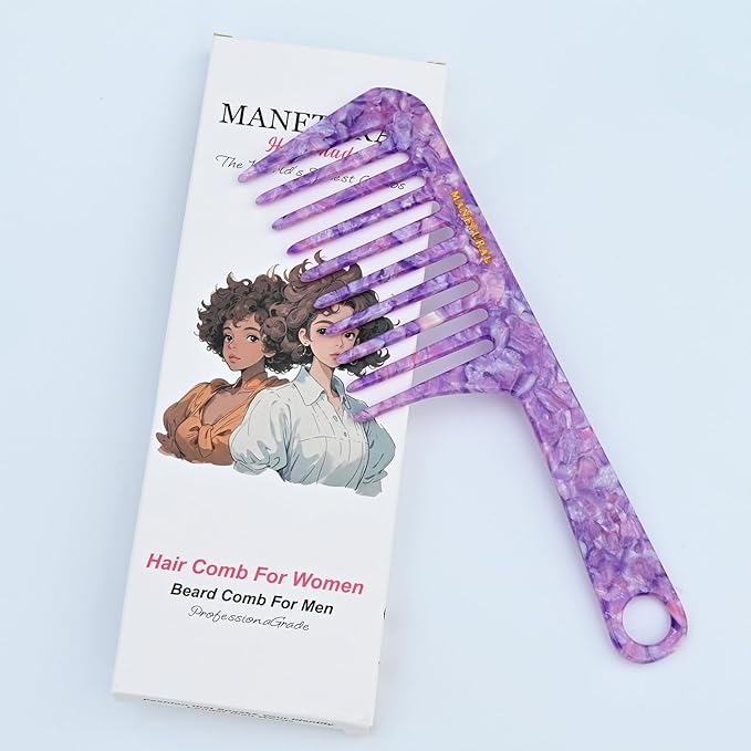 D1 | Wide Tooth Handle comb for Curly Hair| Elevates, Preserves Curl, Smooths hair Acetate comb(Shiny purple)