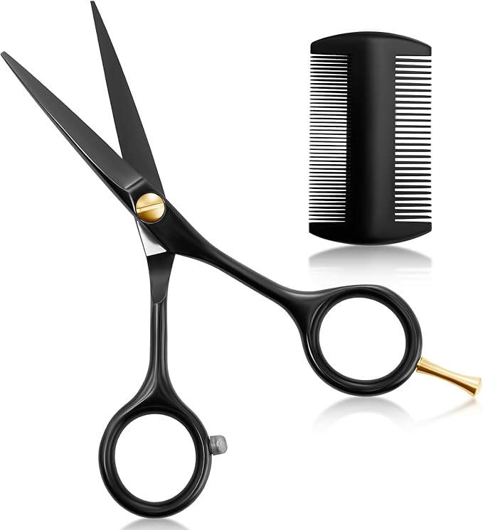 Mustache Scissors Set with Comb – 5.5” Titanium-Coated Stainless Steel Beard Scissors, Precision Beard Trimming Kits for Men with Wooden Comb, Sharp & Durable Grooming Tool