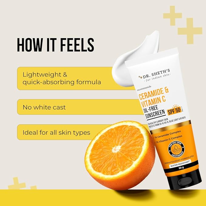 Dr. Sheth's Ceramide & Vitamin C Oil-Free Sunscreen SPF 50+ PA++++ | Non Greasy | For Oily Skin | For Men & Women | 50 g