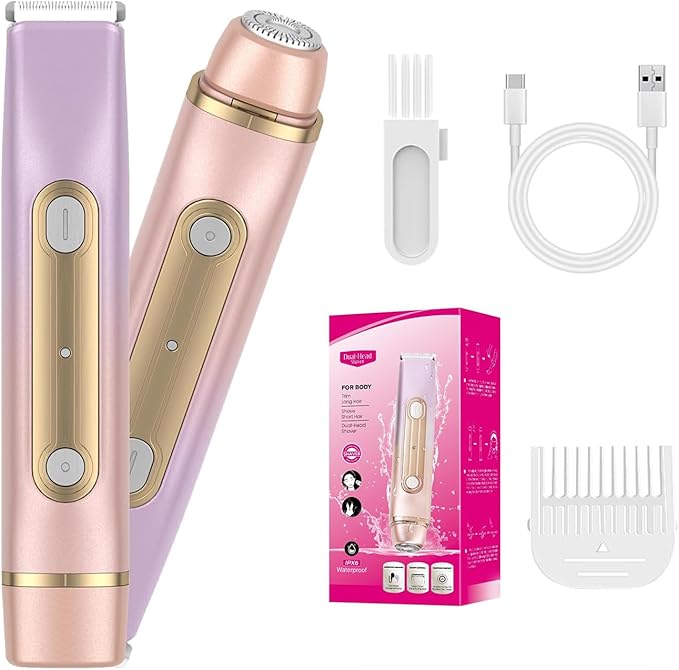2 in 1 Bikini Trimmer for Women Dual Head Electric Razor IPX7 Waterproof Wet/Dry Use Women Electric Shaver, Body Facial Hair Remover for Bikini Legs Arm Underarm, Rechargeable