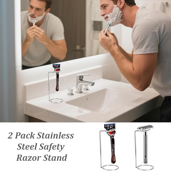 AHANDMAKER 2 Pack Stainless Steel Safety Razor Stand for Razors and Brushes 2x4.8in Heavy Duty Razor Holder Shaving Brush Organizer for Bathroom Travel Fathers Day Christmas Gifts Accessories
