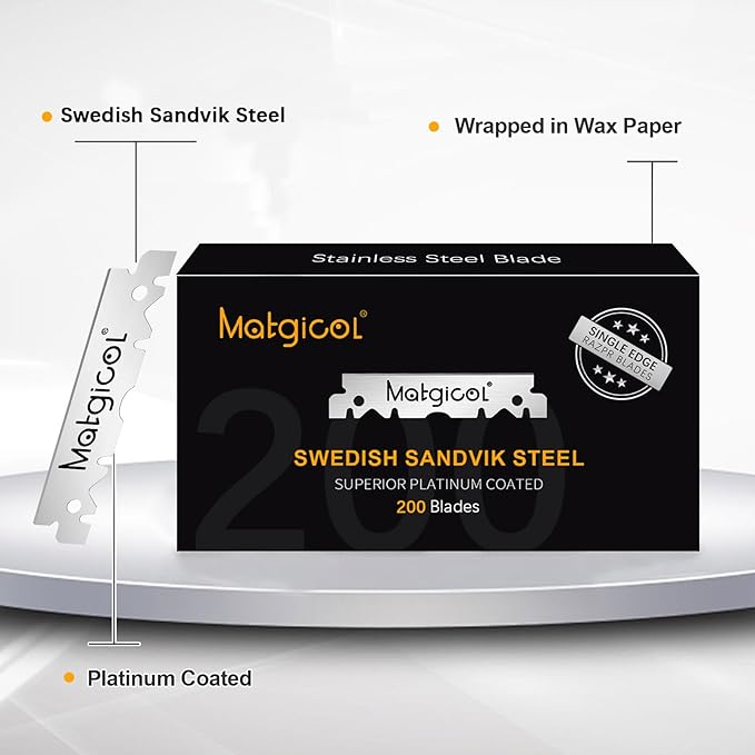 Single Edge Razor Blades Refills - 200 Count Swedish Premium Platinum Straight Razors Blades for Men - Sharp, Smooth and Comfortable Shaving