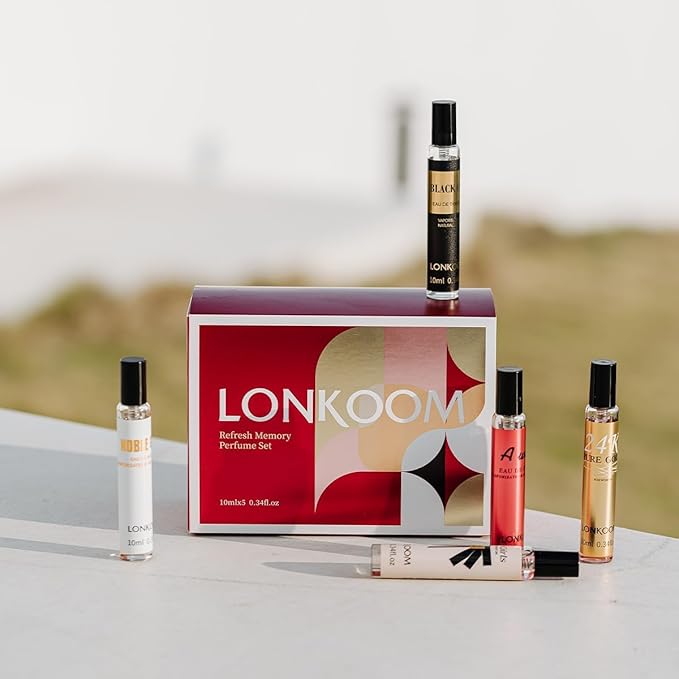 Lonkoom Christmas Perfume Samples Gift Set for Women Men, Unisex Eau de Parfum Spray Long Lasting Fragrance, 5x0.3 Fl Oz Floral Fruity Woody Notes of 24K Pure Gold, Red Wish, Black Oud, Girls, Noble
