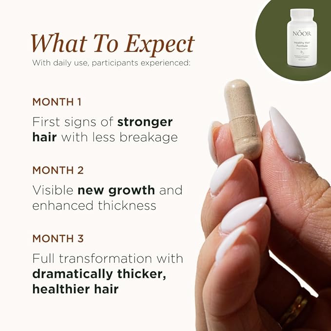 NOOR HAIR Healthy Hair Formula, Hair Growth Supplement Supporting Thick Hair and Fast Hair Regrowth. Vitamin C, B6, Zinc, Propietary Non-GMO & Gluten Free Womens Hair Loss Vitamins - 30 Day Supply