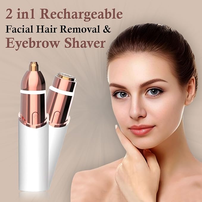 Eyebrow & Facial Trimmer: 2 in1 Rechargeable Facial Hair Removal & Eyebrow Shaver - Body Razor with Built-in LED Light (White)