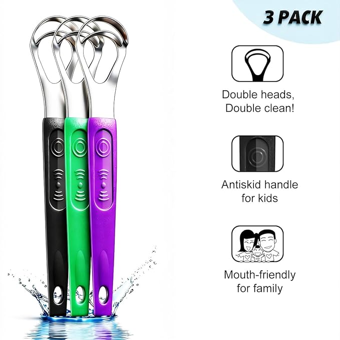 3 Pack Metal Tongue Scrapers for Kids Adults, Stainless Steel Tongue Cleaner Scrubber with Travel Case