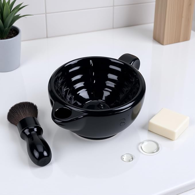 Double Walled Ceramic Shaving Bowl, Heat Retention Lather Bowl with Wide Mouth & Textured Interior, Large Handle Shaving Mug for Men, Hot Lather Accessory (Double Layer)