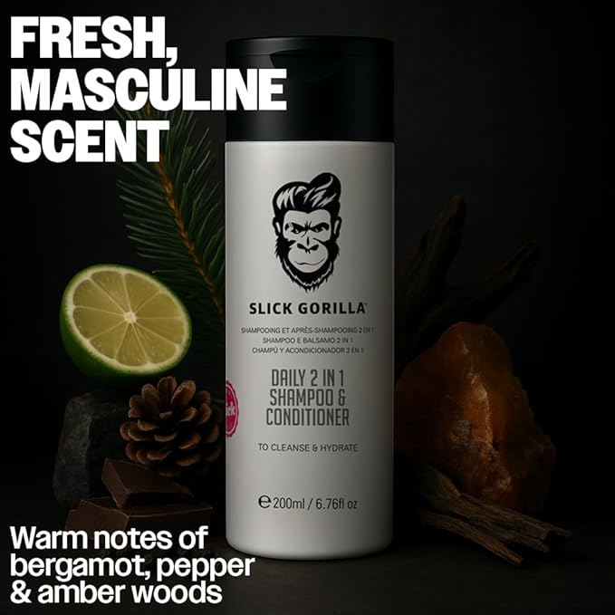 Slick Gorilla 2 in 1 Shampoo and Conditioner for Men 200ml / 6.76 fl oz | Cleans, Strengthens, Hydrates | Infused with Natural Ingredients | Healthy Fresh Hair | All-in-One Daily Grooming Solution