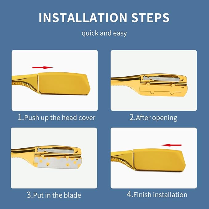 Barber Razor Professional Straight for Men: Stainless Steel Razor Close Shaving Safety Straight Edge Razor for Barbershop Salons Home Hairdressing Use (Gold)