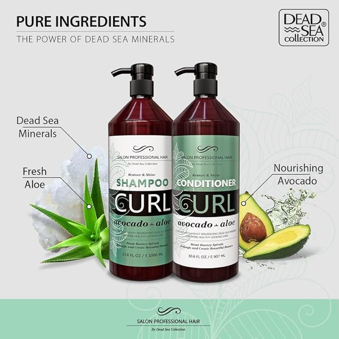 Dead Sea Collection Shampoo and Conditioner Set for Curly Hair - Pure Dead Sea Minerals, Avocado and Aloe – Professional Hair Care - Softening and Moisturizing - Pack of 2 (33.8 & 30.6 Fl. Oz)
