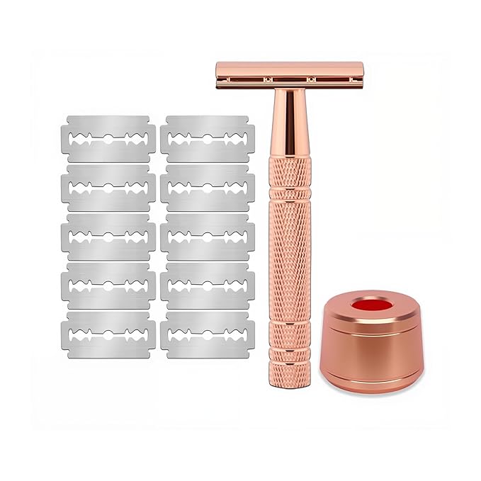 Men's and Women's Manual Razor Safety Razor with 10 Double Edge Blades, Double Edge Razor, Reusable Razor Kit, Eco-Friendly, Smooth Close Shave, Plastic-Free (Pink + base)
